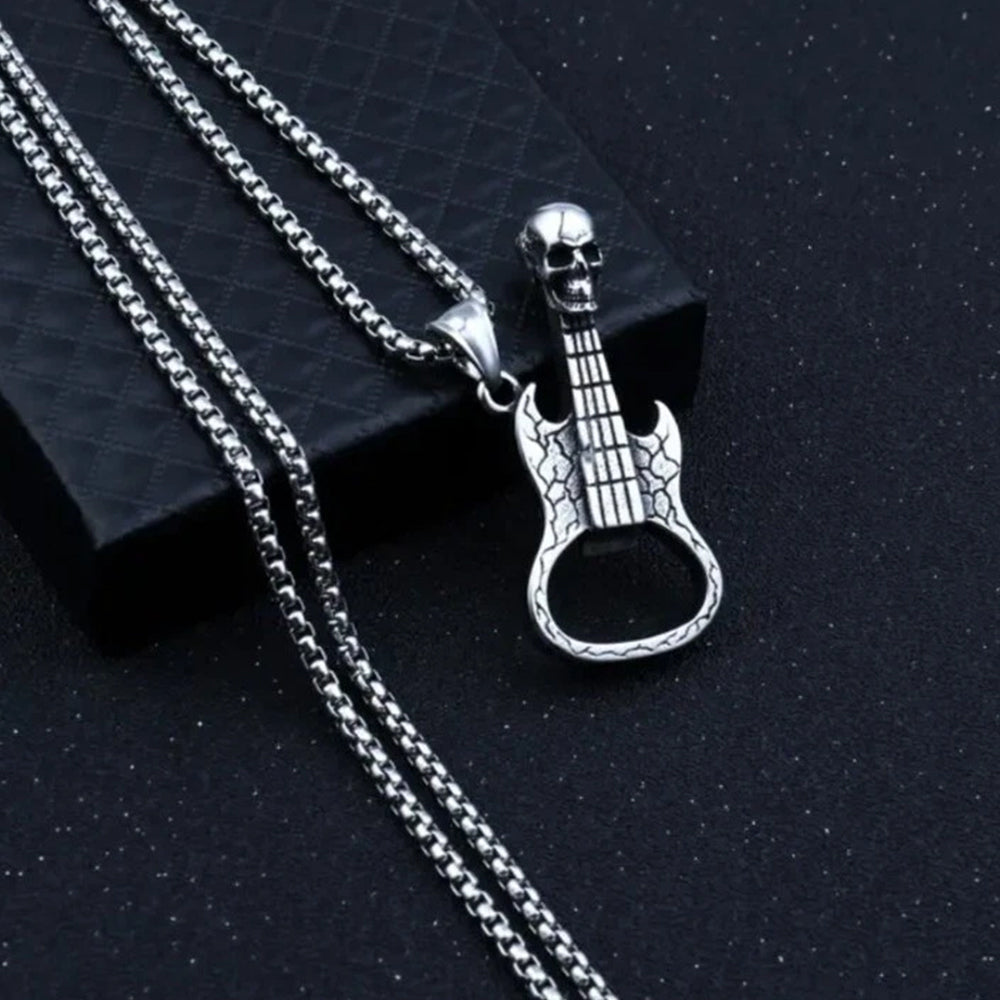 Rock Music Skull & Guitar Pendant Necklace | Stainless Steel Hip Hop Biker Jewelry for Men & Women
