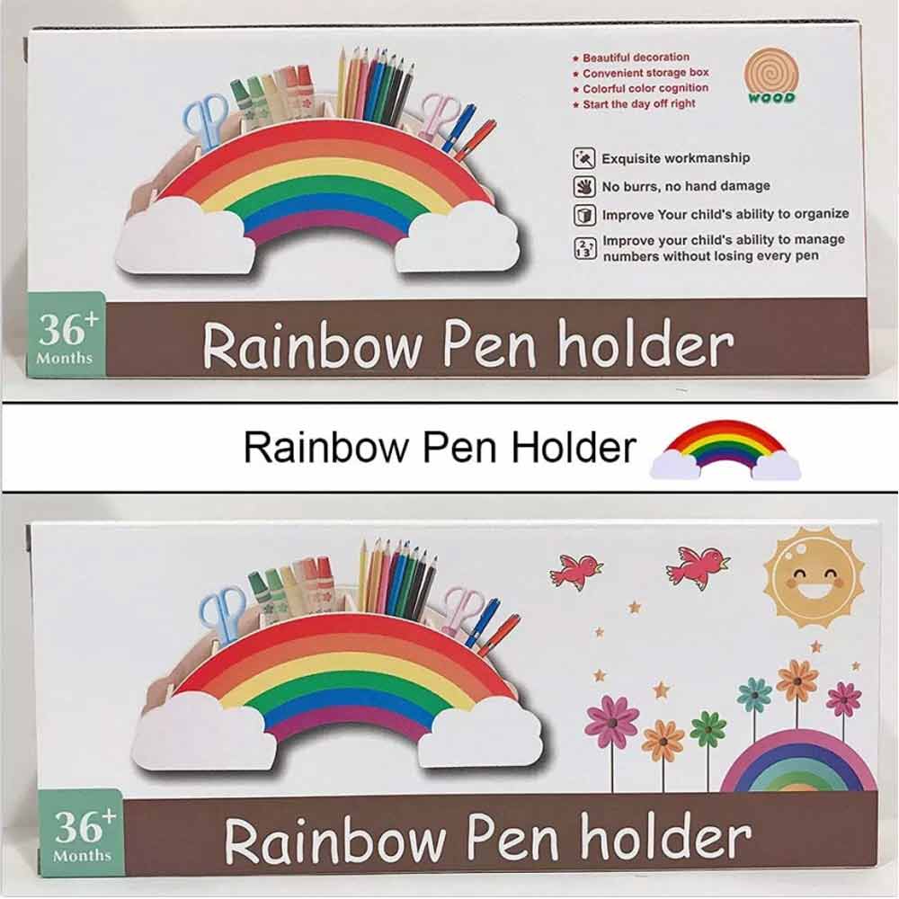 Rainbow Wooden Pen Holder DIY Pencil Container Storage Box Phone Desk Organizer