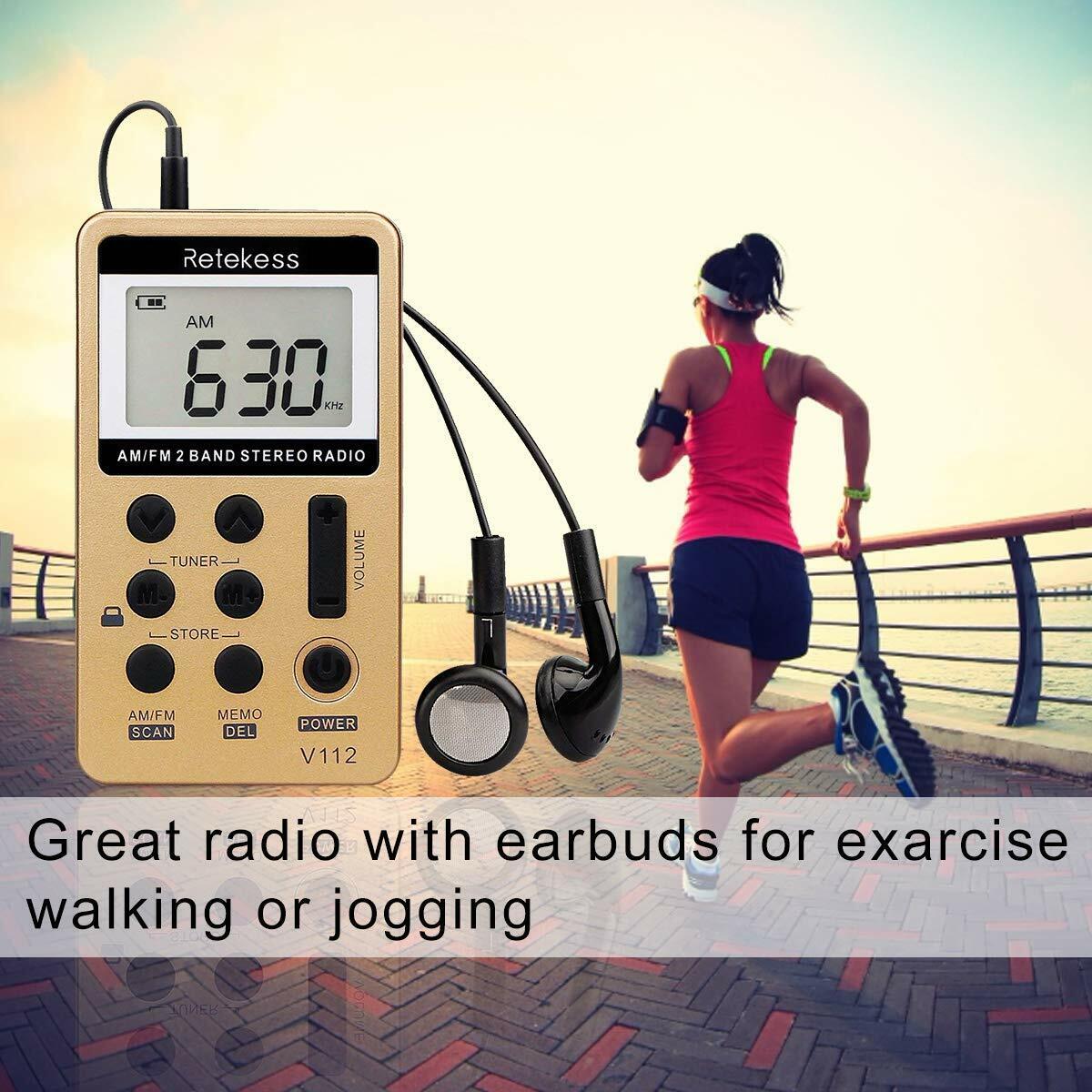 Retekess V112 Portable AM/FM Radio – Rechargeable Pocket Walkman with Earphone for Sports, Walking & Outdoor Use