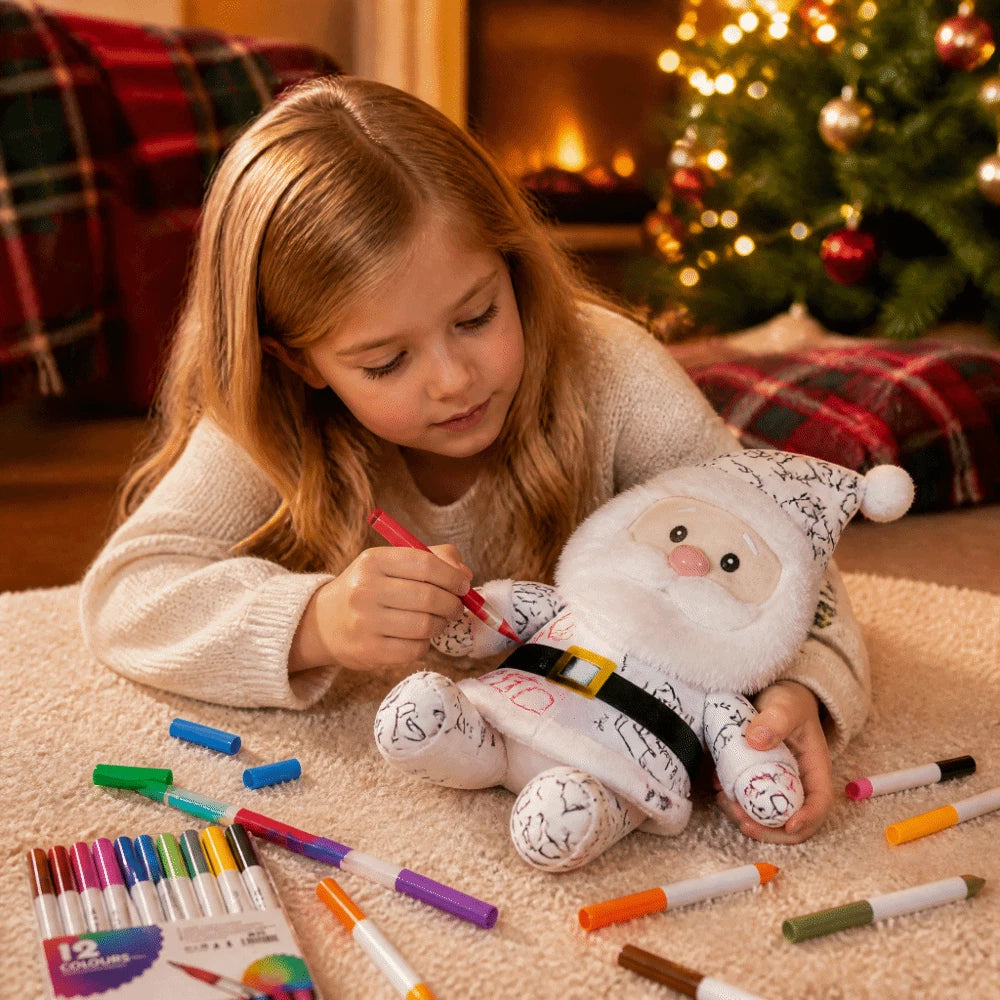 DIY Paintable Santa Plush Toy – Christmas Craft Kit with 12 Coloured Pens