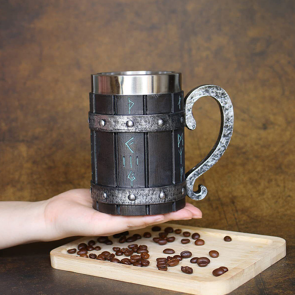 Viking Stainless Steel Tankard Odin Thor Mjolnir Drink Mug Beer Stein Coffee Cup