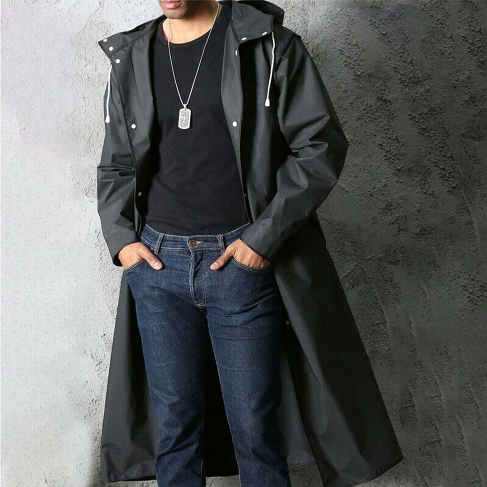 Mens Waterproof Long Raincoat Rain Coat Black Hooded Trench Jacket OutdoorHiking