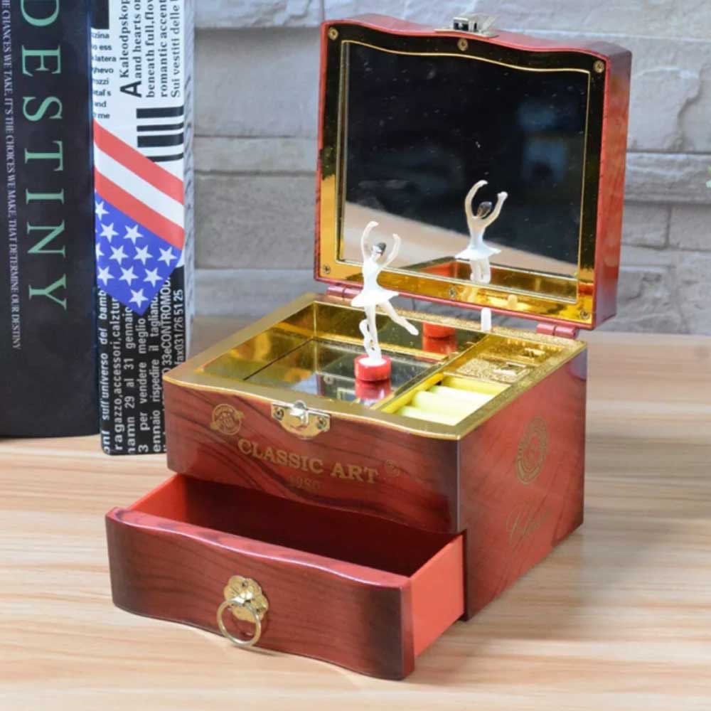 Vintage Automatic Music Box with Ballet Dancing Girl 2-layer Jewelry Box Gift for Her