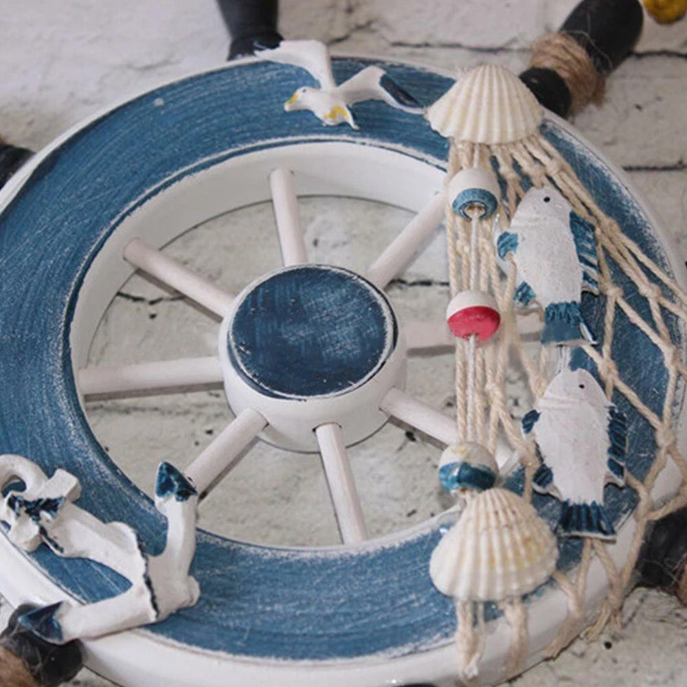 Wooden Ship Wheel Wall Decor, 23cm Nautical Steering Wheel with Blue Spokes for Beach House