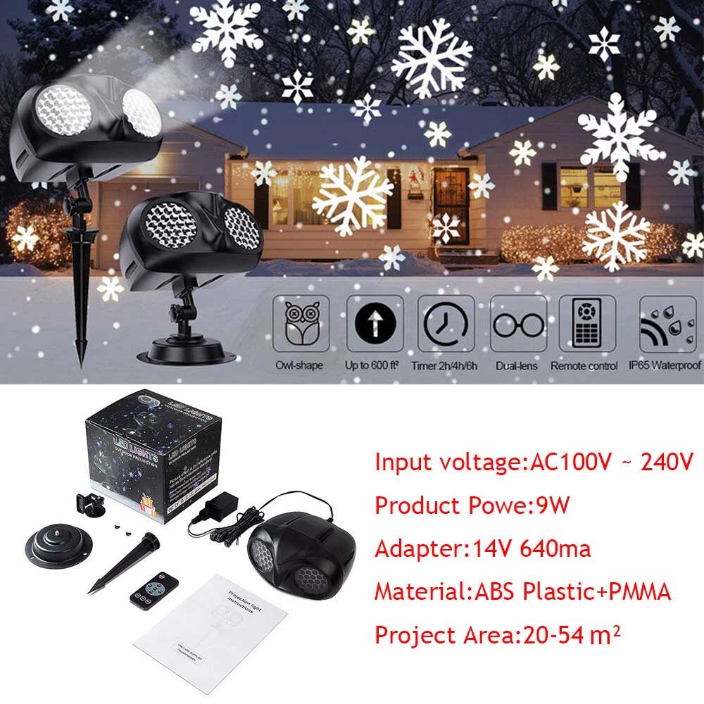 Dual-Lens Owl Snowflake Laser Projector | IP65 Waterproof Outdoor Christmas Light with Remote & Timer