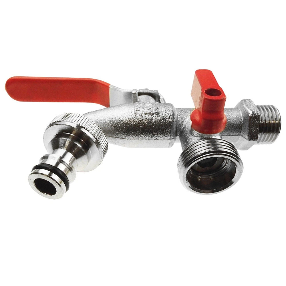 1/2" BSP Double Outlet Garden Tap - Brass Nickel Plated, Automatic Watering with Dual Connections