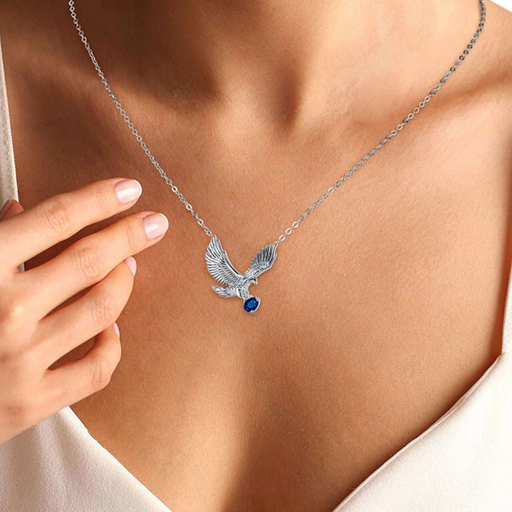 European Style Eagle Pendant Necklace for Women - Silver Plated Chain with Blue CZ Stone