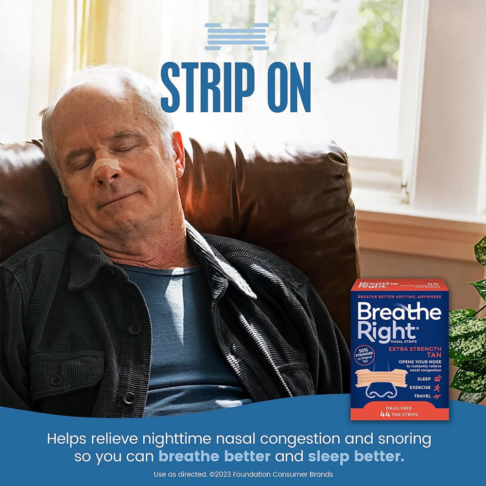 Breathe Right Extra Strength Nasal Strips, Tan 44 Count | Drug-Free Snoring Relief & Instant Nasal Congestion Aid