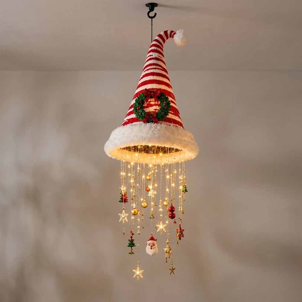 LED Santa Hat Decoration – Hanging Chandelier Light with Star Tassel for Christmas