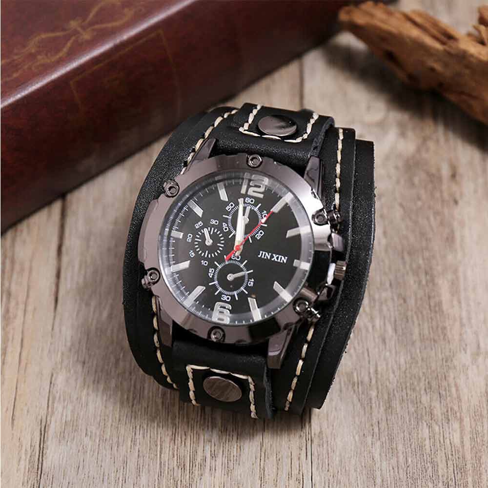 Men Punk Quartz Cuff Watch Wristwatch Military Retro PU-Leather Strap Watch