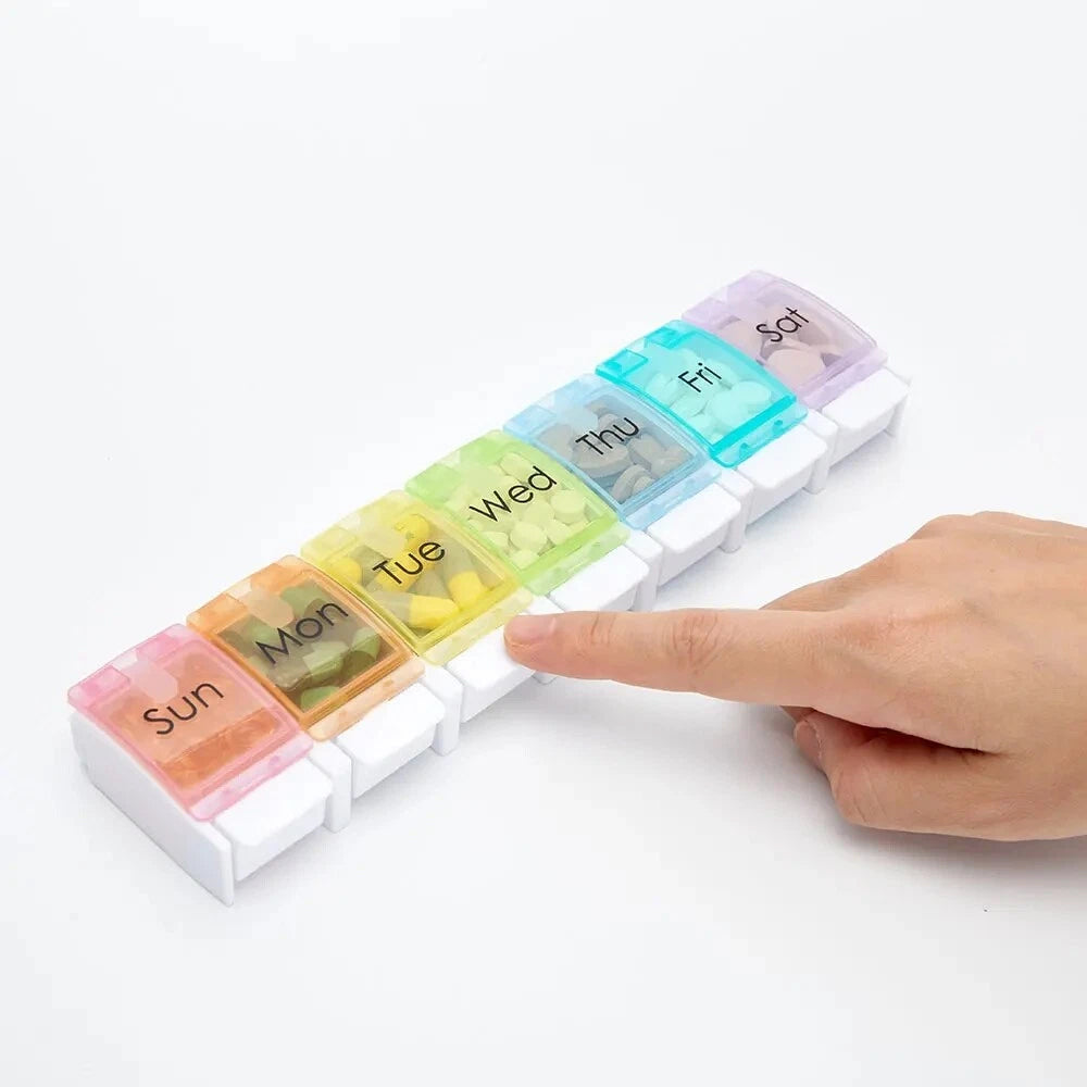 7-Day Pill Organizer with Push-Button Lids - One-Handed Medicine Sorter Box