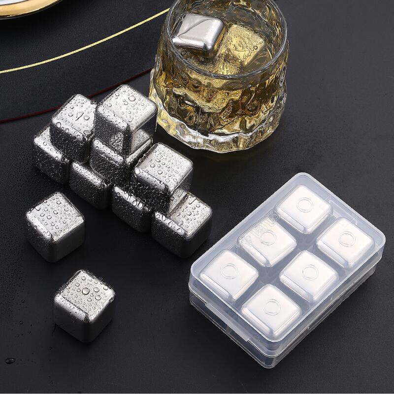 6Pcs Stainless Steel Whiskey Wine Stone Ice Cube With Tong Reusable Cooling Rock