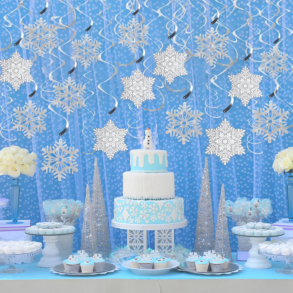 35pcs Snowflake Swirls Christmas Ceiling Decor Set – Foil Hanging Decorations for Winter & Frozen Theme Parties