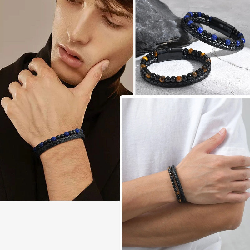 Me Natural Tiger Eye Stone Beads Bracelet Matte Black Onyx Leather Bracelet 23CM