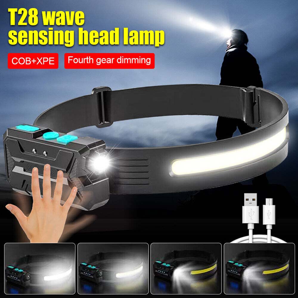 COB LED Headlamp Motion Sensor Head Torch Light USB Rechargeable Headlight