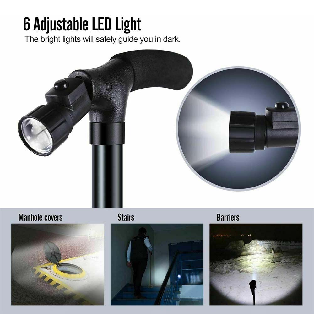 Folding Walking Stick LED Light Cane Adjustable Pole Handle Lightweight Strap