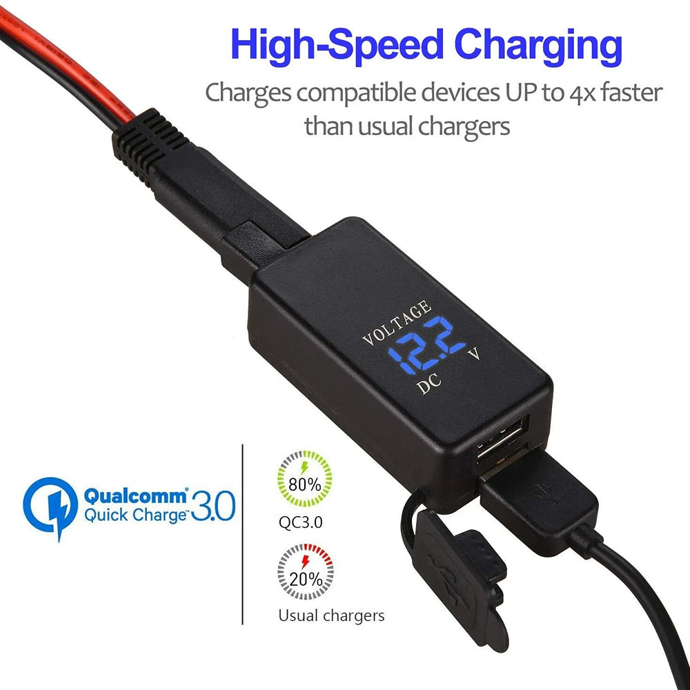 12V Motorcycle SAE to USB Dual Port Charger Voltmeter Cable Adapter Waterproof