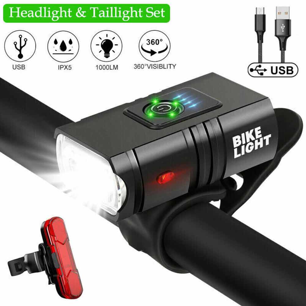 Rechargeable Bicycle Head Torch Front&Tail Kit Super Bright LED Mountain Bike Light