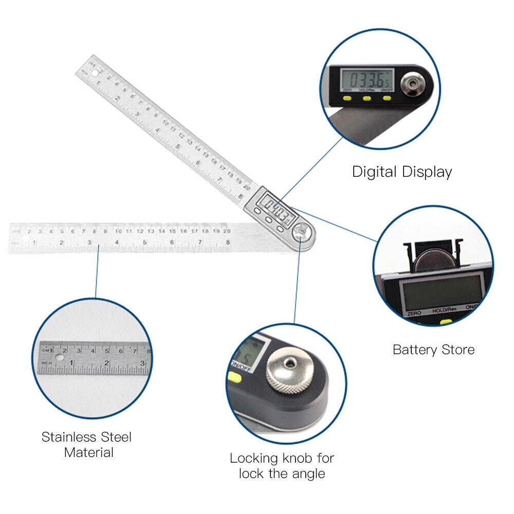 200mm 360° Stainless Steel Electronic Protractor Digital LCD Display Angle Ruler