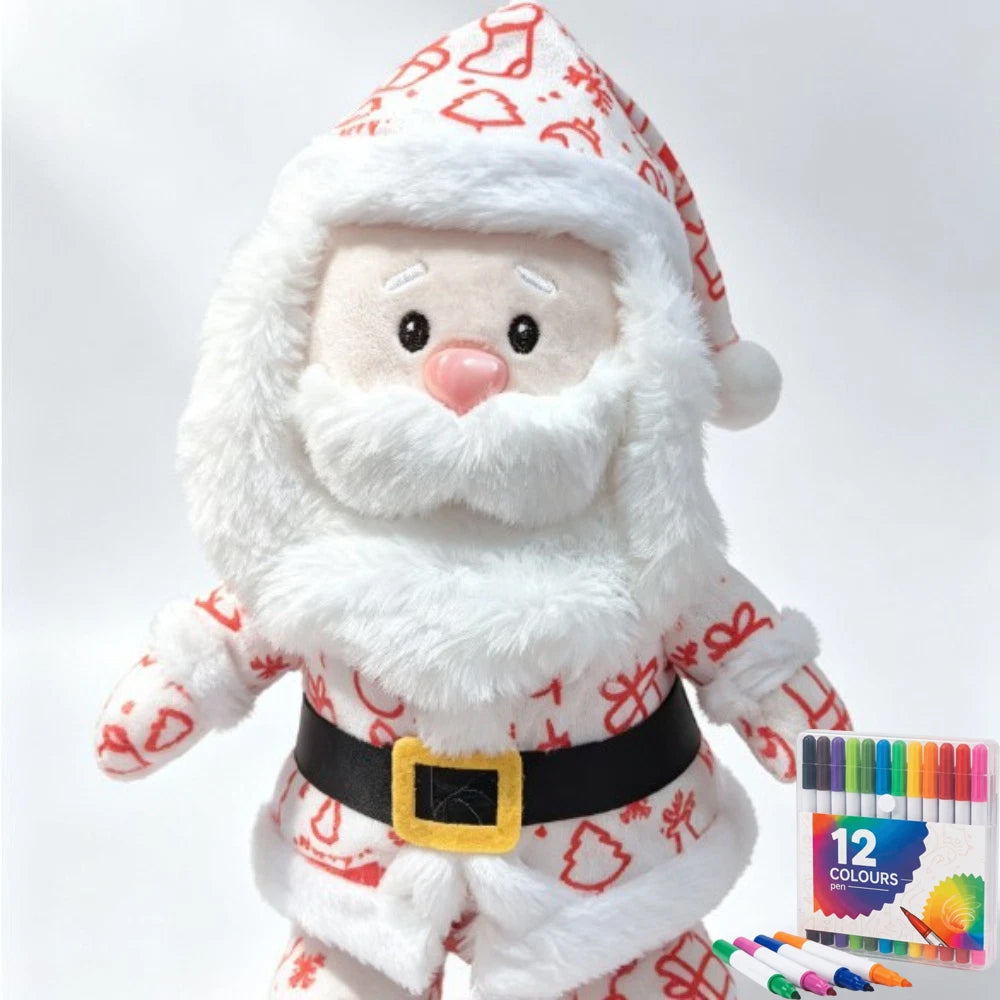 DIY Paintable Santa Plush Toy – Christmas Craft Kit with 12 Coloured Pens