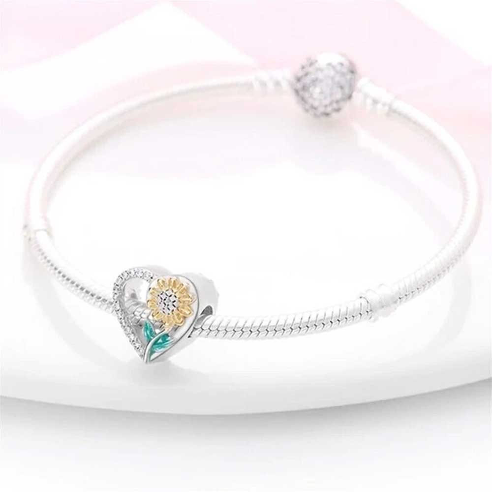 Sunflower Heart Charm For European Bracelets S925 Sterling Silver