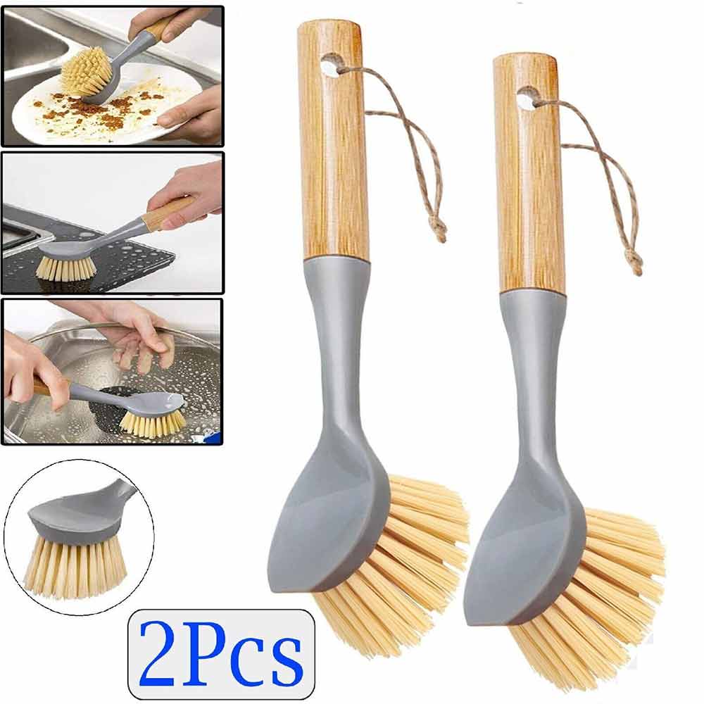 2pcs Kitchen Pan Dish Brush Washing Up Bamboo Handle Bathtub Cleaning Scrub Tool