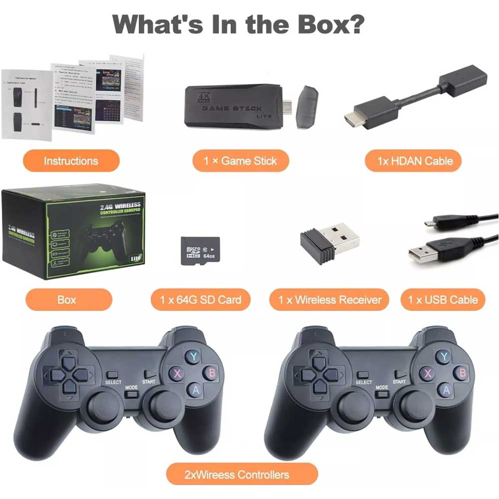 Retro Video Game 64G Stick Console - 20000+ Games 2 Wireless Controller 4K HDMI TV