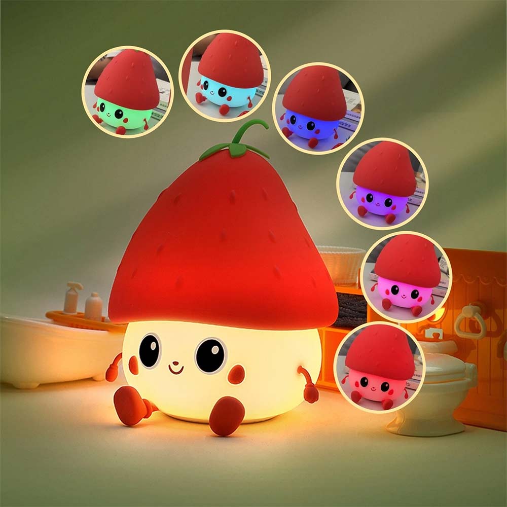 7-Color Strawberry Night Light - Wireless Bedroom Buddy, RGB Silicone Lamp11cm