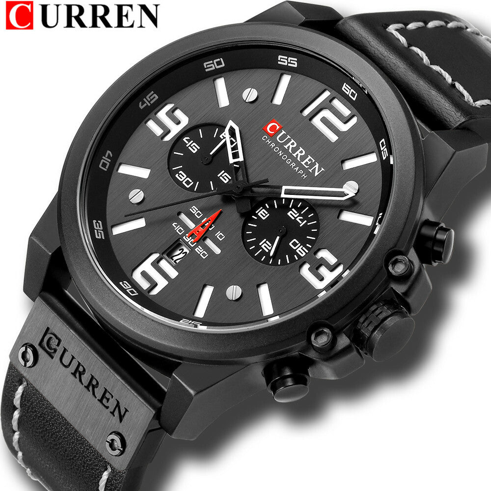 Men's Business Quartz Watch – Leather Chronograph Calendar 47mm Multifunction