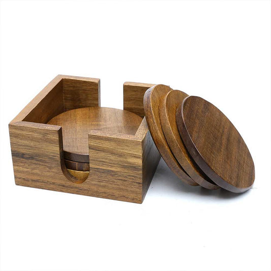 Set of 6 Wood Coasters - Round Wooden Drink Mats for Coffee & Tea