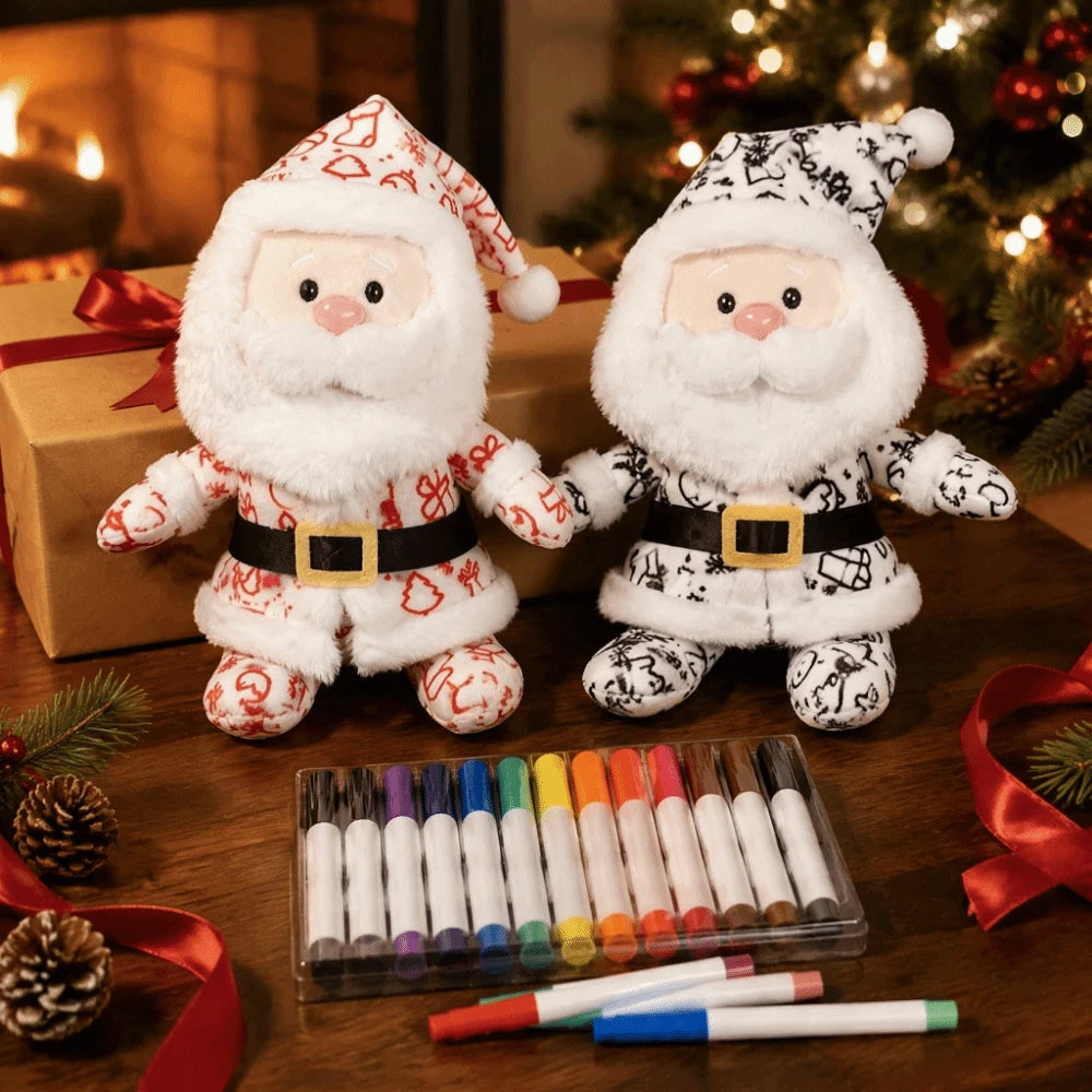 DIY Paintable Santa Plush Toy – Christmas Craft Kit with 12 Coloured Pens