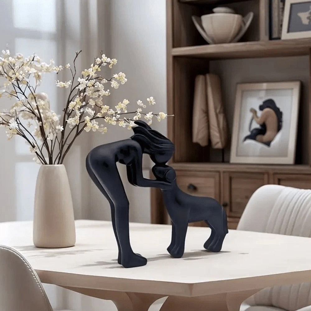 Black Minimalist Human & Dog Statue - 3D Printed Figurine for Pet Lovers, Hand-Like Pose Home Decor