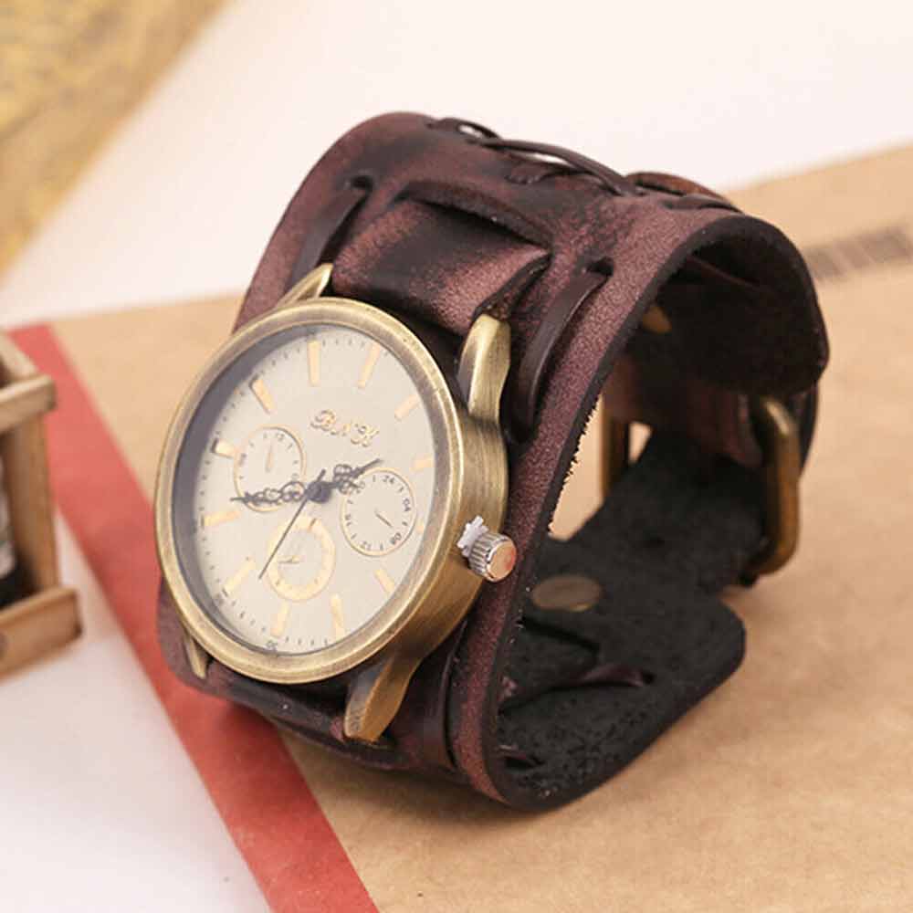 Retro Punk Rock Leather Bracelet Cuff Men Wrist Watch Wide Band Quartz Watch