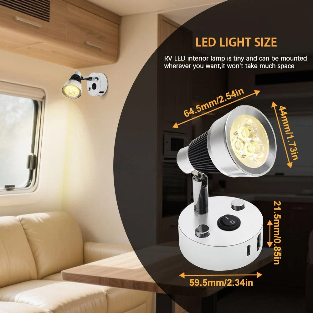 12V 24V Reading Light 3W LED RV Interior with USB & Type-C for Caravan Boat Lamp