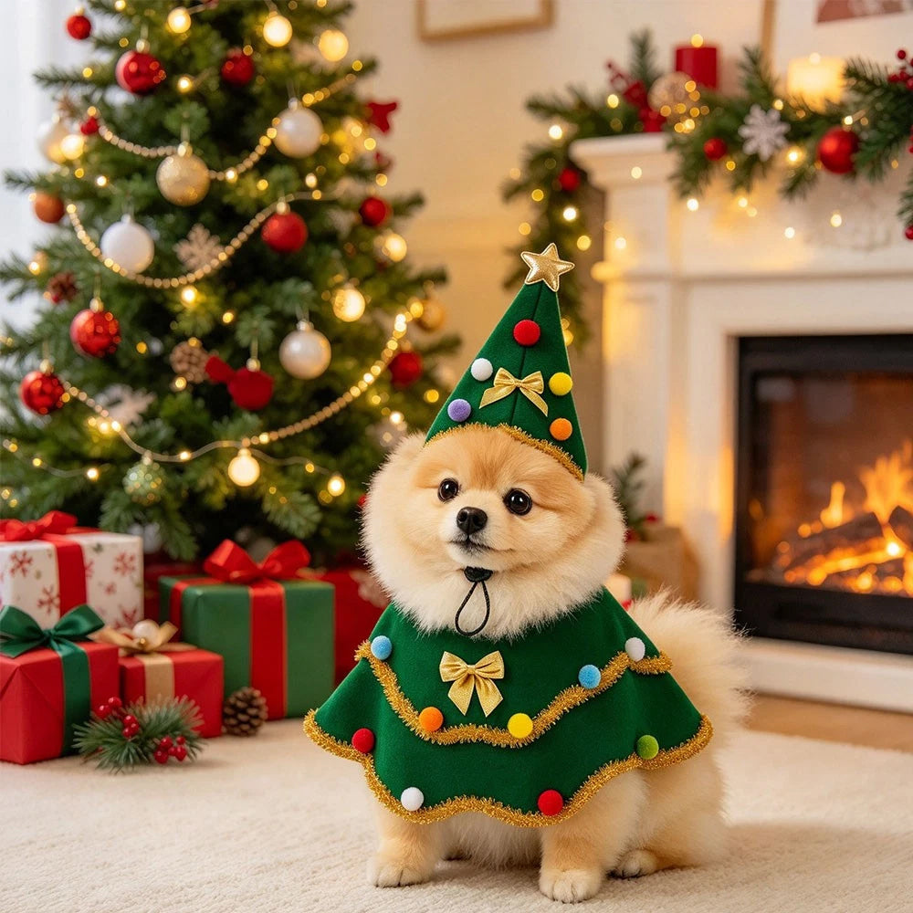Christmas Tree Pet Cape – Festive Dog & Cat Costume with Pom-Pom Hat