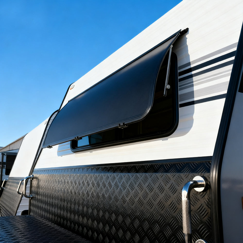 Curved Aluminium Alloy RV Awning 568x1527mm - 75° Opening Wind-Resistant Sun Shade