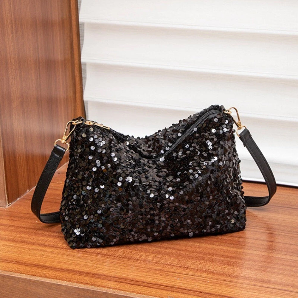 Women's Sequin Evening Bag - Sparkly Silver & Black Shoulder Bag Clutch Purse for Parties