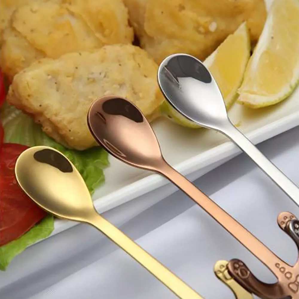 4x Teaspoons Tableware Cat Spoon Tea Cute Cartoon Stainless Steel Ice Cream Coffee
