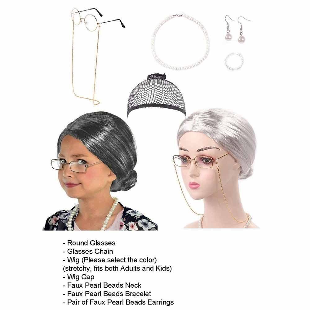 7 Pcs Grandma Old Lady Costume Set Granny Wig Adult Kids The 100Days Of School