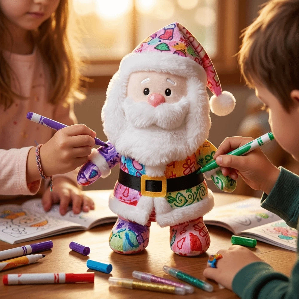 DIY Paintable Santa Plush Toy – Christmas Craft Kit with 12 Coloured Pens