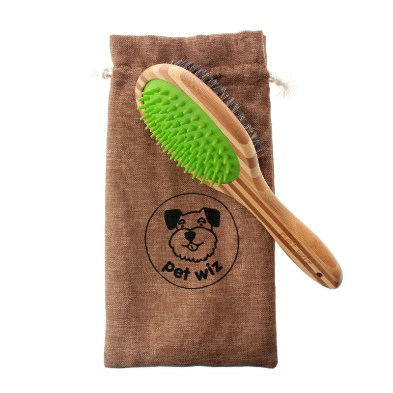 Double Sided Bamboo Dog Brush with Silicone Massager for Dog Grooming