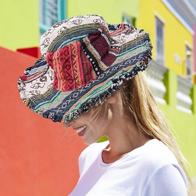 Multicolored Mushroom Hemp Fedora Handmade Sun Hat with Hidden Pocket Unique Cap