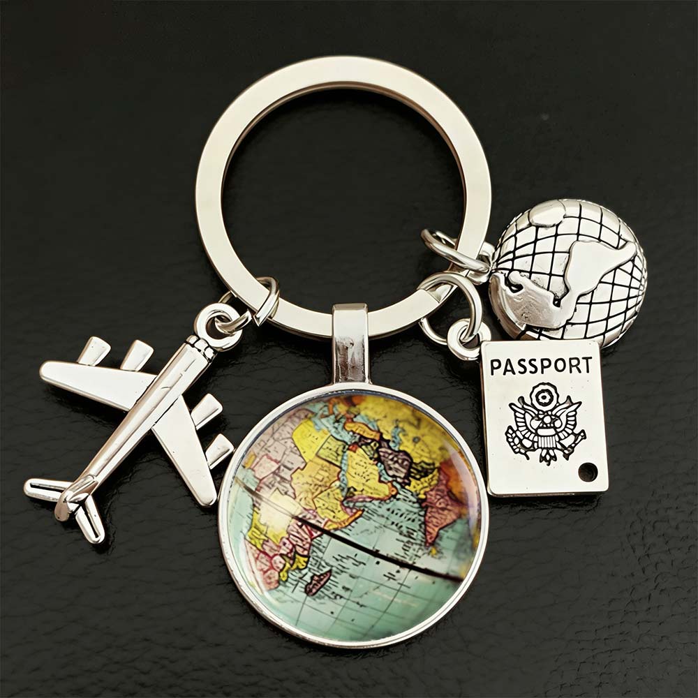 Traveller Keyring World Map Keychain with Charms - Vintage Travel Gift for Wanderlust