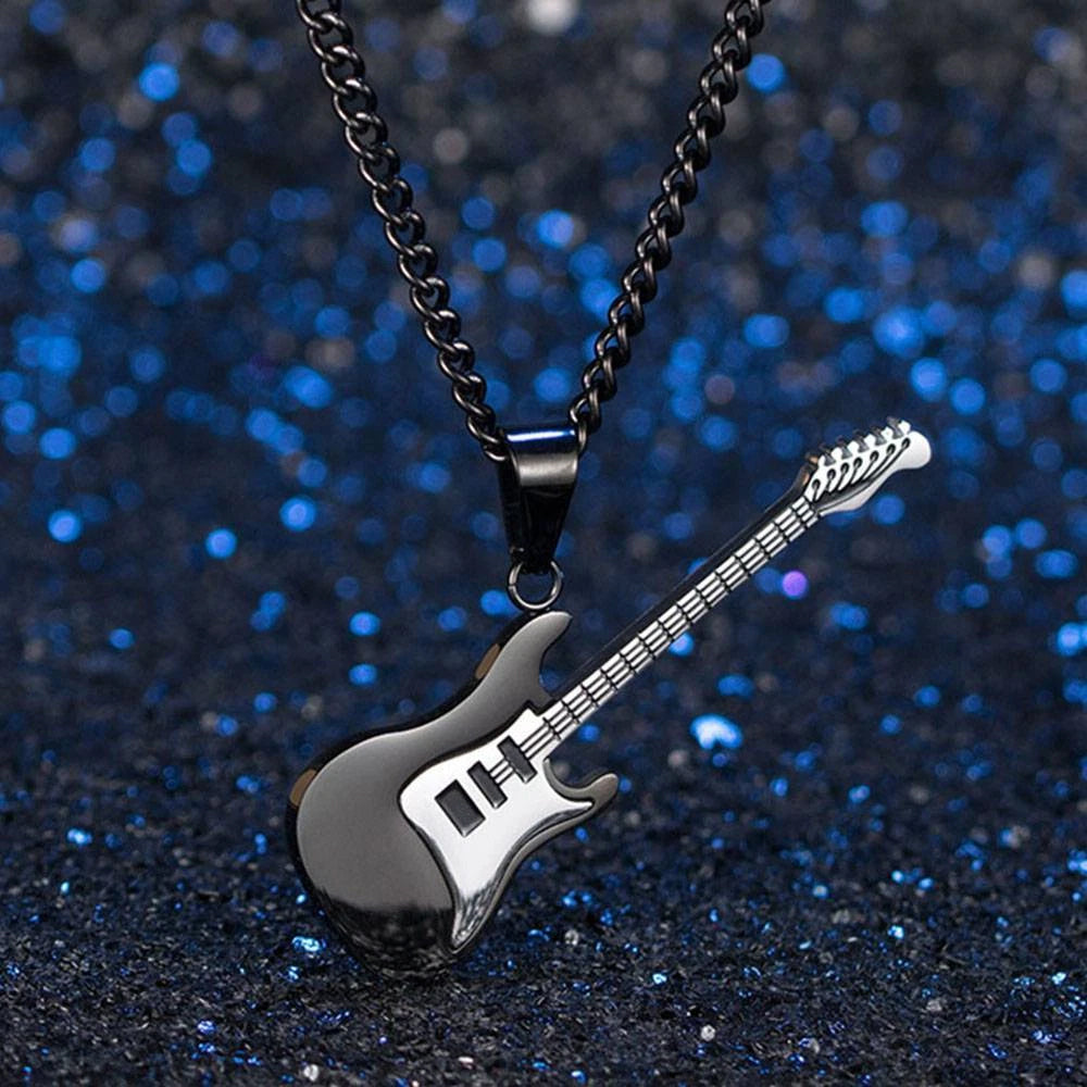 3-Piece Stainless Steel Music Guitar Pendant Necklace Set | Rock Style Unisex Jewelry Gift