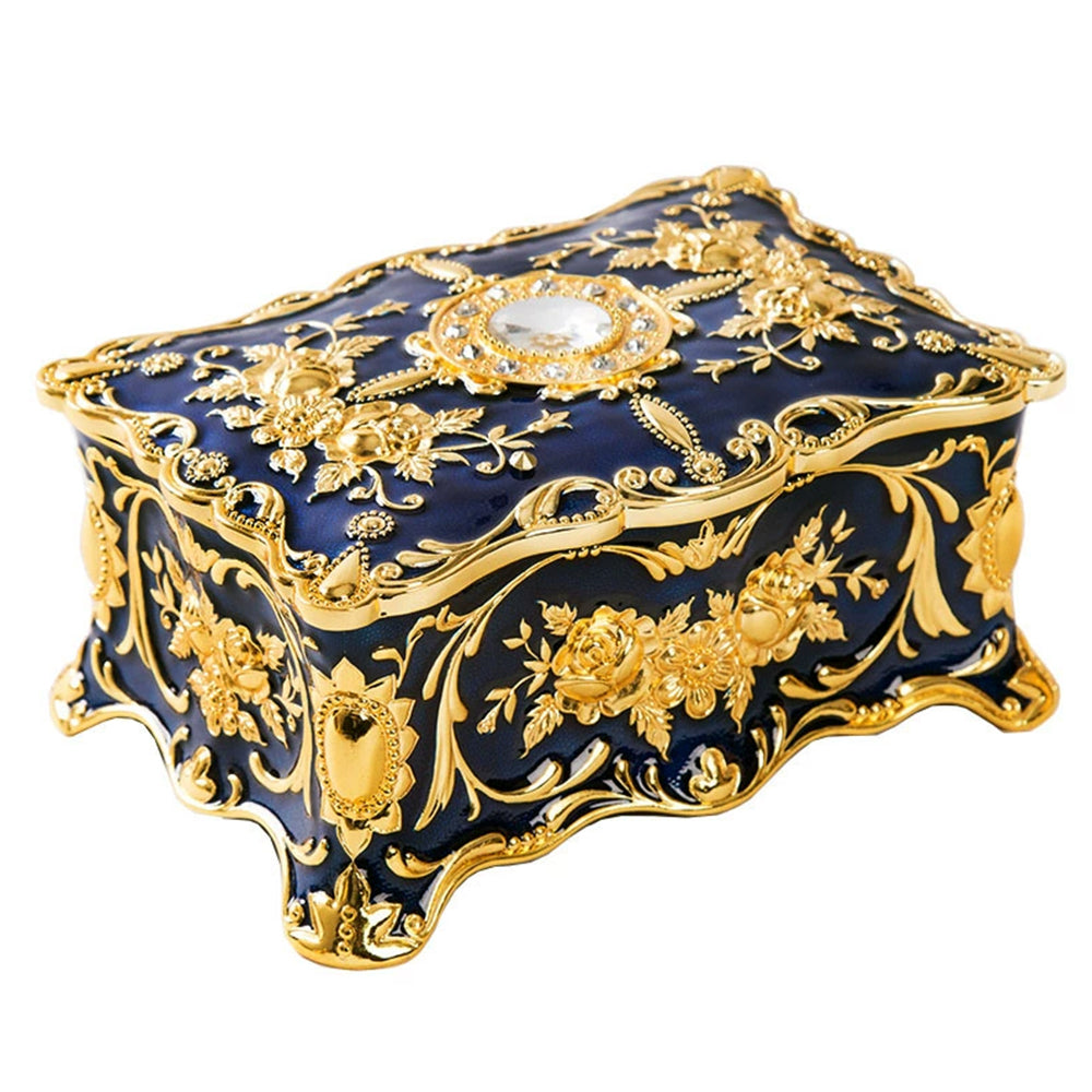 Jewellery Storage Box – Retro Alloy Organiser, Ring Necklace Case Blue