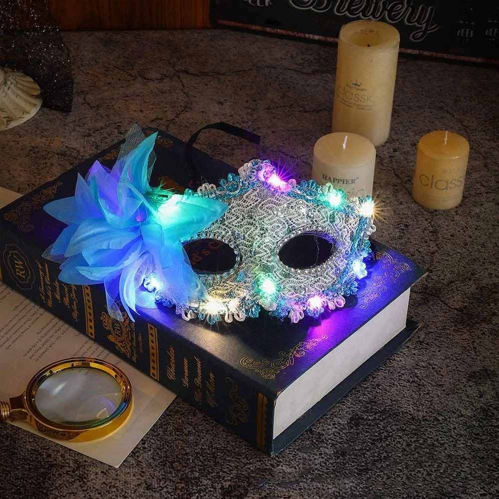 2X Random LED Masquerade Mask – Lace Venetian Light Up Mask with Side Flower for Women