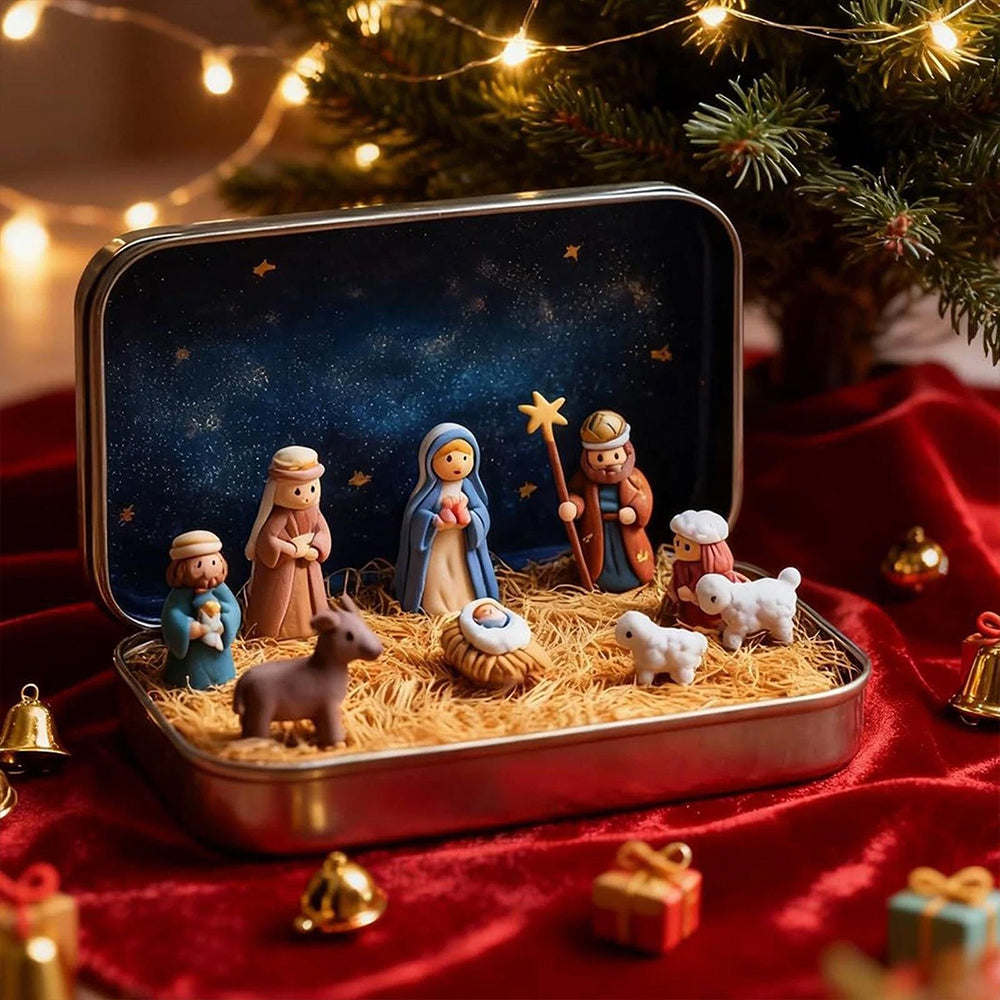 Mini Christmas Nativity Set in Tin Box – Portable 3D Pocket Nativity Scene with Resin Figurines