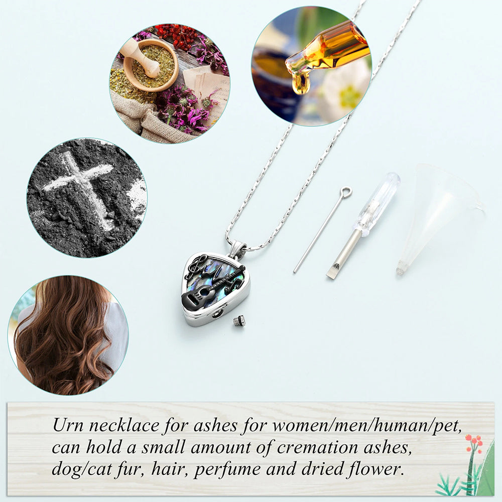 3-Piece Guitar Pick Ash Urn Necklace Set | Memorial Pendant with Abalone Shell & Musical Design