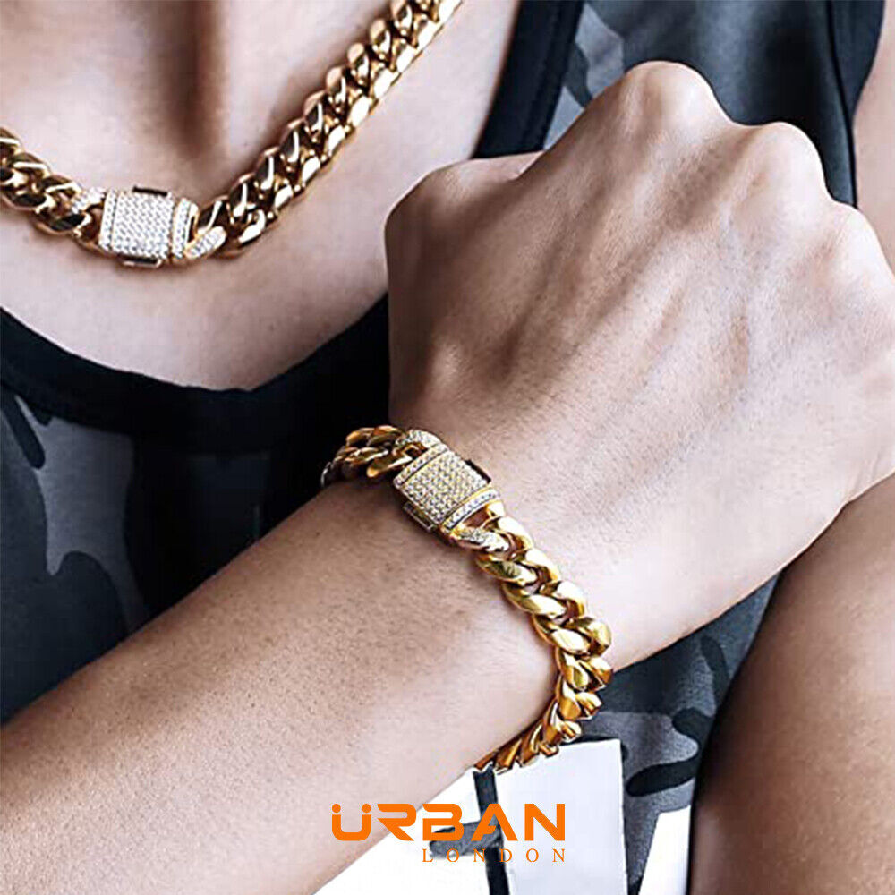 Men's Cuban Durable Urban Street-Wear Hip Hop Bracelet 12mm 18k Gold Silver Curb