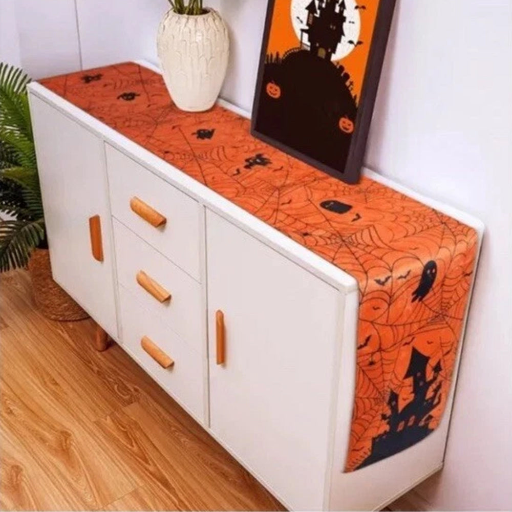 Halloween Table Runner Orange Autumn Kitchen Dining Cobweb Castle 275*33cm